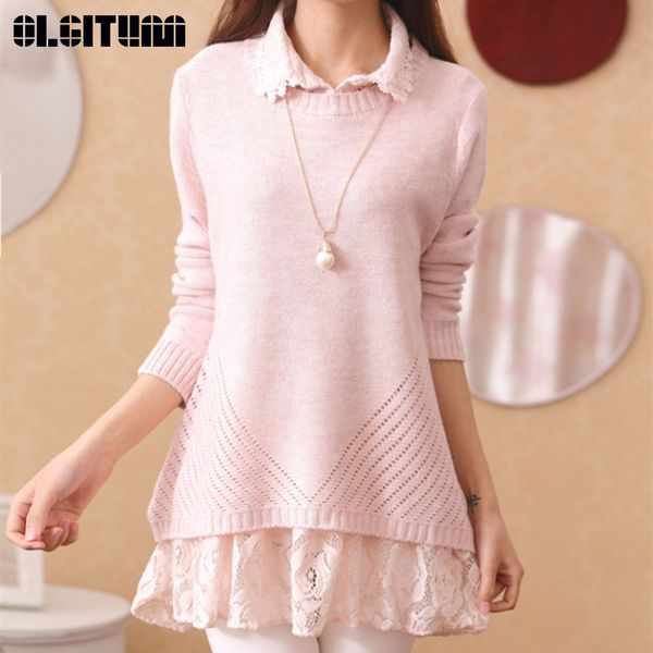 

2018 autumn/winter new long loose lace pachwork lapels sweater women long sleeves knit -3xl female jumper bow hollow back, White;black