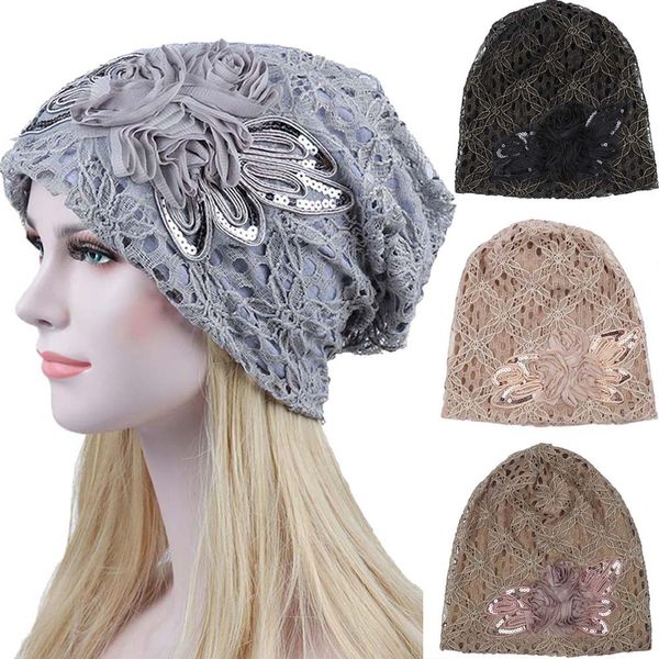 

women lace flower slouchy baggy head cap chemo beanie cancer hat turban ms. lace month warm chemotherapy hat cappello donna, Blue;gray