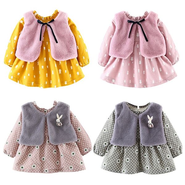 

kids dress for girl clothes winter plus velvet faux fur vest +bow design kids dress for princess girls clothes, Red;yellow
