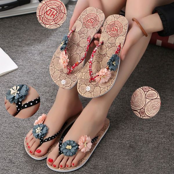 

summer non-slip flip flops for women boho style ladies outdoor beach slippers female floral flat footwear, Black