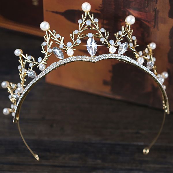 

vintage gold pearl crystal wedding tiara crown queen bridal hair accessories headpiece women hair jewelry headdress pageant gift, Golden;white