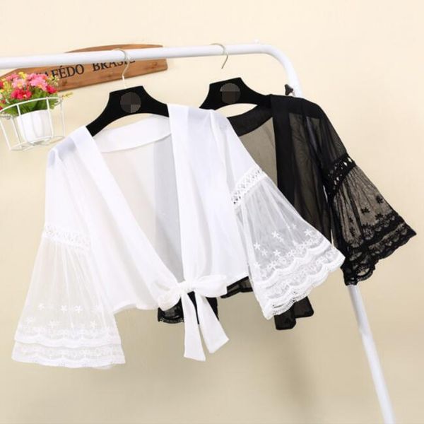 

knit shrug women casual half sleeve lace solid light crop open stitch cardigan short all-match shawl wraps, White;black