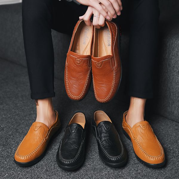 

large size 36-56 men genuine leather dressing shoes breathable fashion loafers comfortable business leisure casual shoes, Black