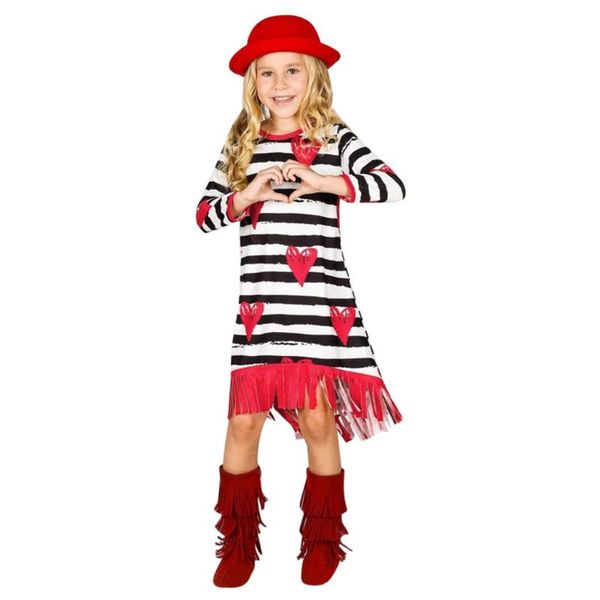 

valentine's day kids dress spring children heart print stripe tassels straight dress toddler baby girls lovely dresses #lr5, Red;yellow