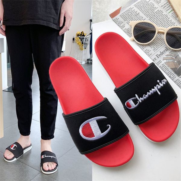 

women men champion letter sandal 2 colors lovers shoes slipper slip on flip flops wedge platform sandals beach water rain mules shoes zjy627, Black;grey