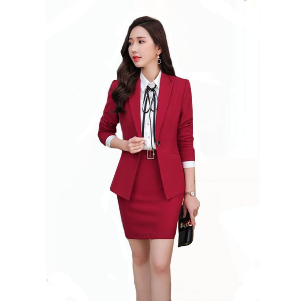 

2019 new arrival blazer skirt women business suits red/black office lady blazer +elegant skirt 2 pieces suit female uniform, White;black