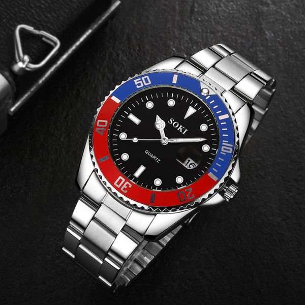 

soki man watches exquisite high-grade steel belt calendar quartz watch men wristwatch clock reloj hombre 2019 relogio masculino, Slivery;brown