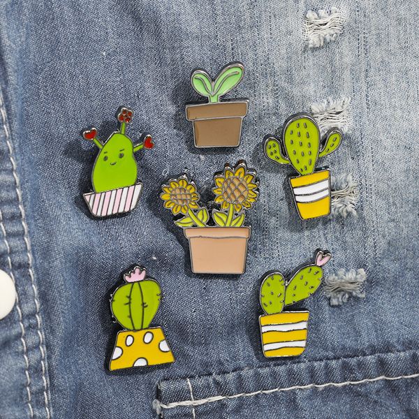 

cactus pins cartoon yellow cute potted plant brooches succulent plants enamel pin denim jackets lapel badges kids jewelry, Gray