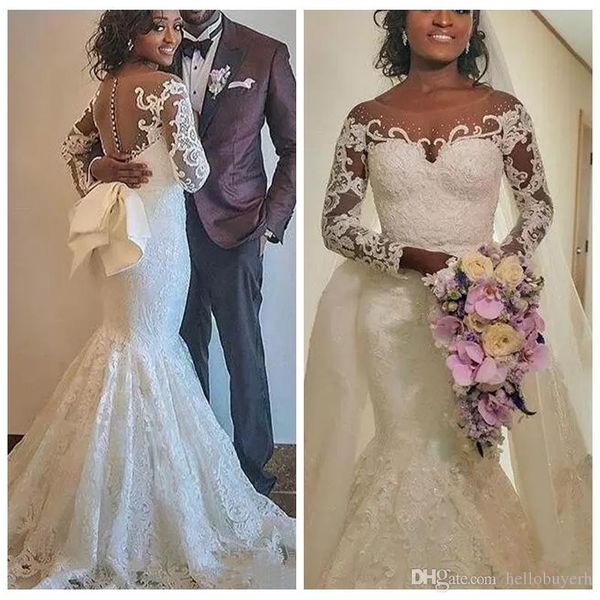 

ivory long sleeve country spring african mermaid wedding dress with detachable train lace applique wedding bridal gowns 2019, White