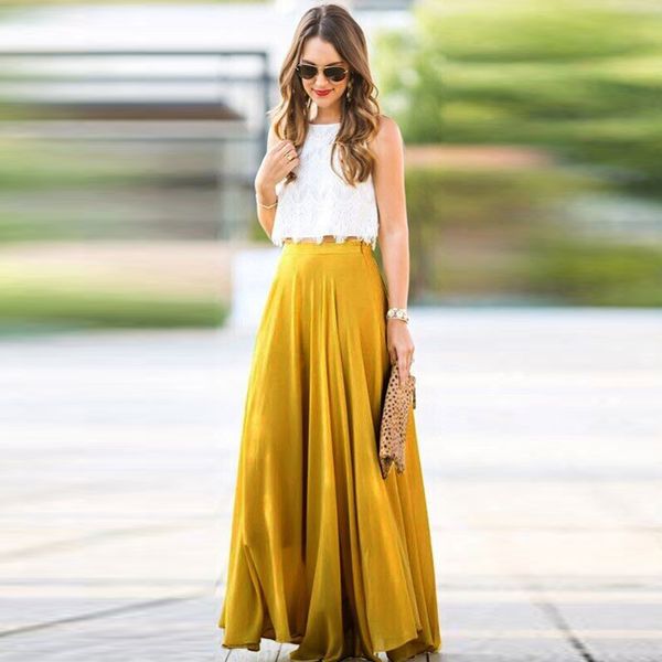 

women chiffon long skirt new fashion bohemian beach pleated skirt summer maxi, Black