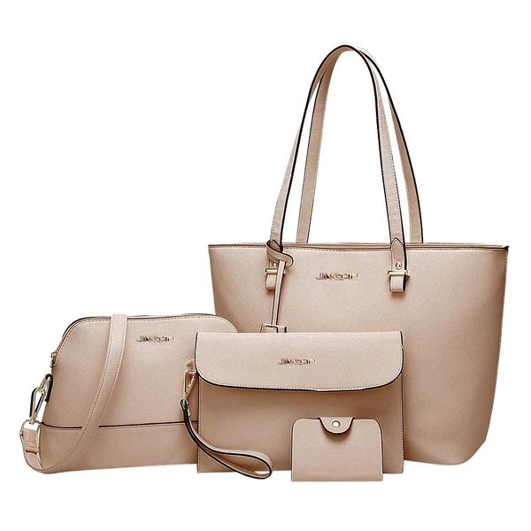 

4pc women's handbags korean solid color soft leather zipper shoulder bag college wind wallet card bag tote set