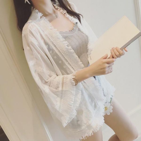 

1pcs coat summer women fringed sheer lace embroider chiffon tassel cardigan summer beach loose chiffon cardigan, Black;brown