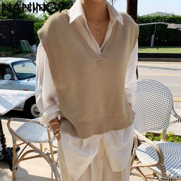 

осень зима сыпучего вязаные женщины vest повседневный v-образный вырез без рукавов свитера пуловеры женщины туники теплого вязания перемычки, White;black