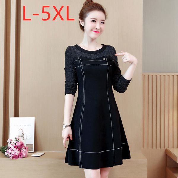 

new korean autumn winter ladies plus size mini dress for women casual long sleeve slim elegant retro stripe dress 3xl 4xl 5xl, Black;gray