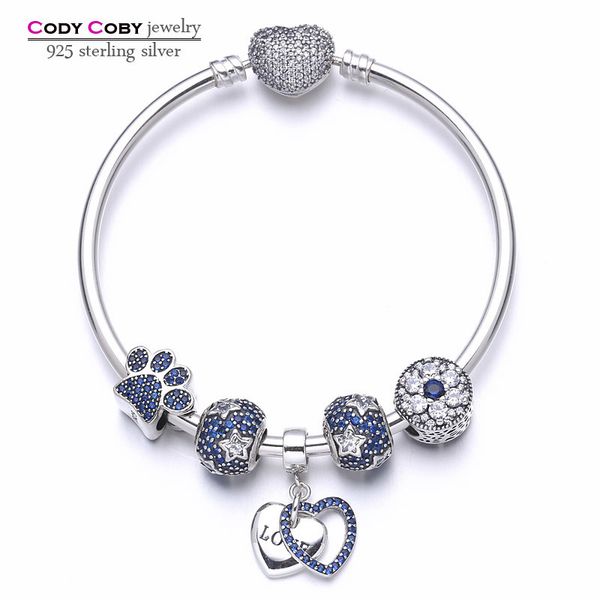 

new 100%925 sterling silver heart bracelets & bangles with blue star beads paw print diy charms for women fashion luxury jewelry c19021601, Black