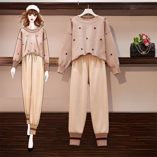 

women autumn knitted tracksuit 2 piece set long sleeve loose pullover + pants two piece set plus size 4xl knit trousers suit, White
