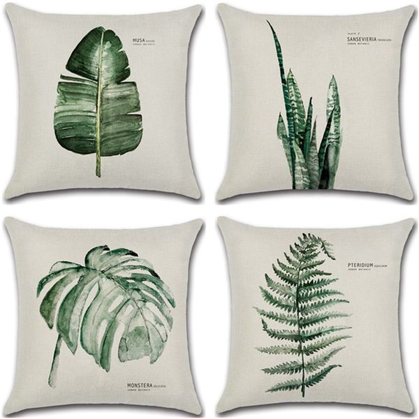 

new green leaf print cushion set 45*45cm cushion cover linen throw pillow car home decoration decorative pillowcase