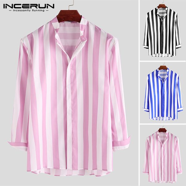 

incerun men long sleeve wide striped shirt casual collar slim fitness button up streetwear mens blouse camisas hombre plus size, White;black