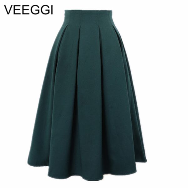 

veeggi 2018 summer high street women pleated skirts vintage high waist knee length office workwear flared tutu saias a150114, Black