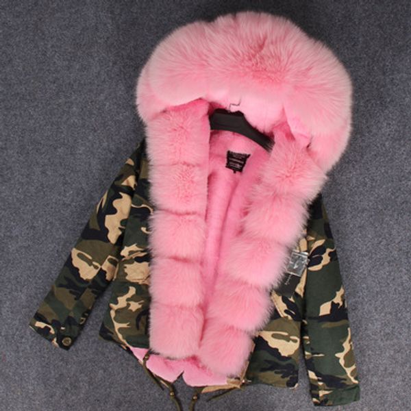 

maomaokong brand pink fox fur trim women snow coats pink fox and rabbit fur lining camouflage shell mini parkas, Black