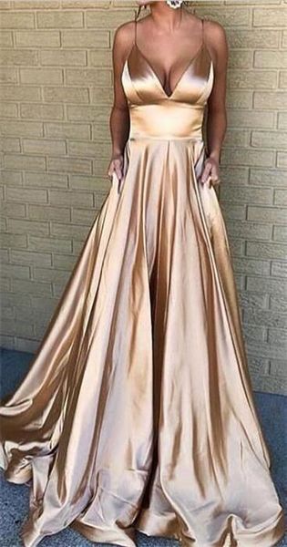 

simple gold prom dresses long sleeves a line with spaghetti strap satin ruched backless celebrity formal dress evening gowns new, Black