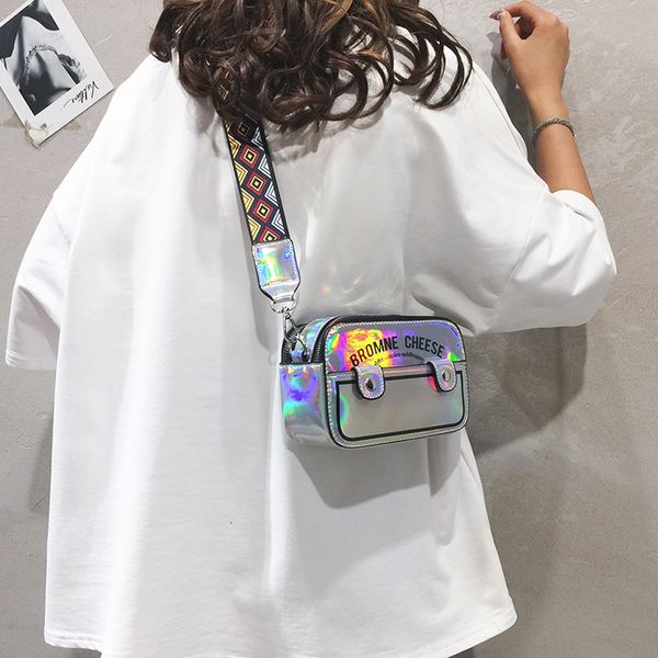 

wide shoulder strap women bag new 2019 laser bag korean fashion small square chic shoulder messenger tide