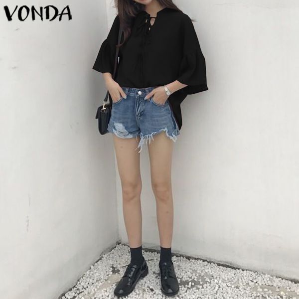 

women's blouses & shirts vonda women 2021 3/4 flare sleeve summer beach tunic casual loose female bohemian plus size blusas, White