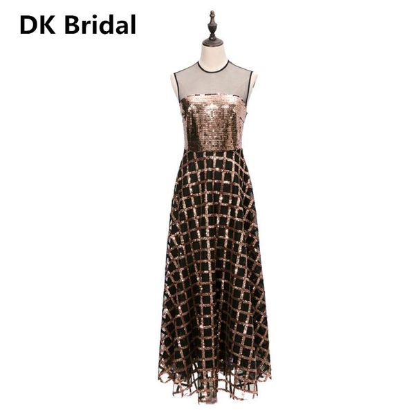 

eye-catching new vestido de festa bling bling long evening dress bride party sleeveless sequins gold black prom dresses, White;black