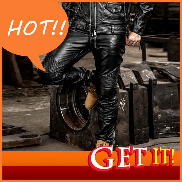 

brand genuine leather long pants men's profession motorcycle biker trousers slim fit cowskin real leather protective gear pants, Black