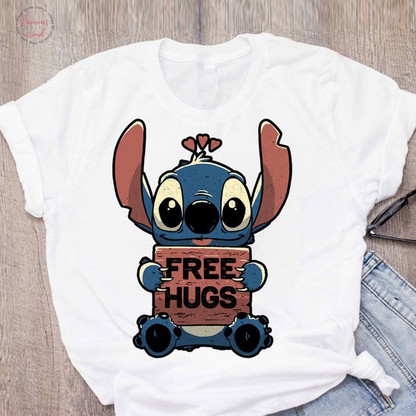 

women cartoon stitch print short sleeve hug cap sleeve printing womens summer lady clothing t shirt tees female t shirt, White