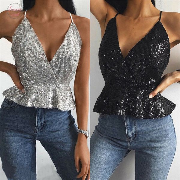 

summer female crop sequins women sleeveless straps tank solid color sling slim lady camis casual silver top, White