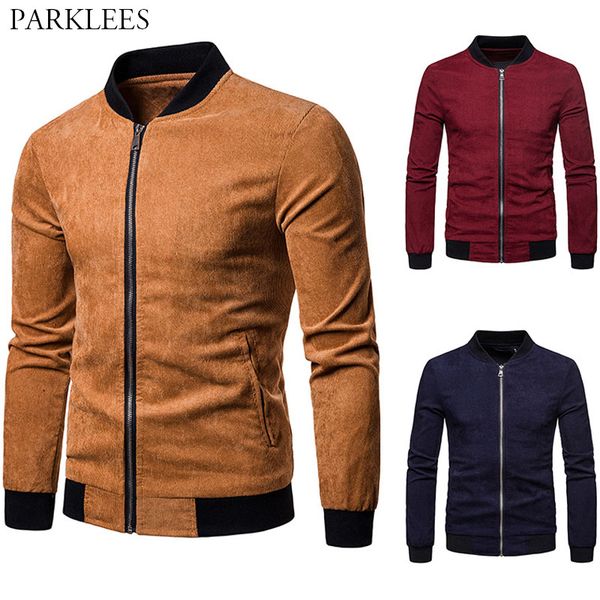 

solid color corduroy mens baseball jacket 2020 spring autumn casual slim fit bomber jacket fashion warm men jackets and coats, Black;brown
