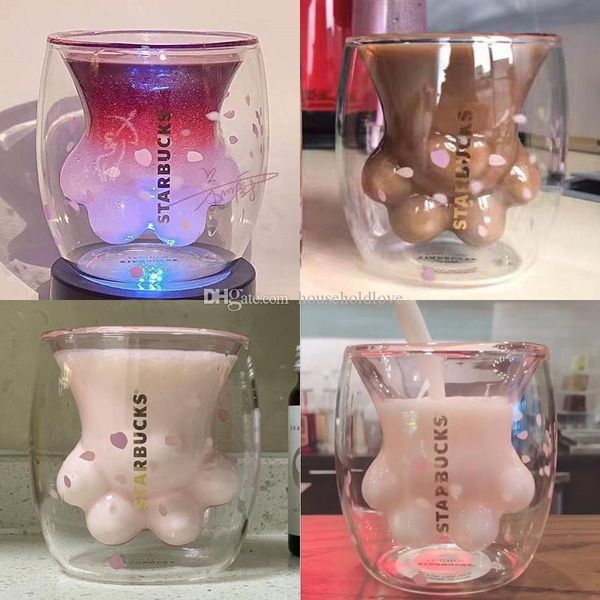2019 Starbucks 2019 Pink Cat Claws Double Glass Cup Cat Rainbow
