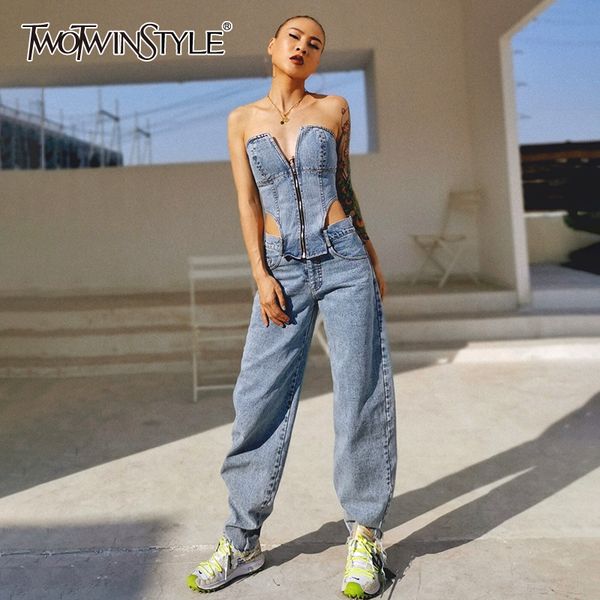 

twotwinstyle off shoulder denim jumpsuits women sleeveless high waist jumpsuit jeans female 2019 autumn new, Blue