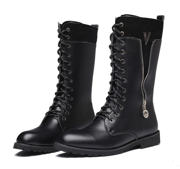 

men high boots men western boots motorbike shoes for man pu footwear zip shoe fashion lace up footwears for winter zy514, Black