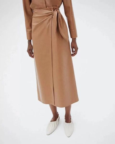 

elfstyle] - soft faux pu leather wrap skirt side bow tied high waist long fashion skirt blogger midi skirts black/camel