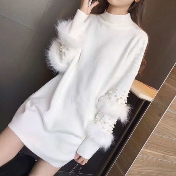 

normov 2019 women autumn winter knitted pullovers sweater female long sleeve wool faux rabbits fur beaded sweater dress, Black;gray