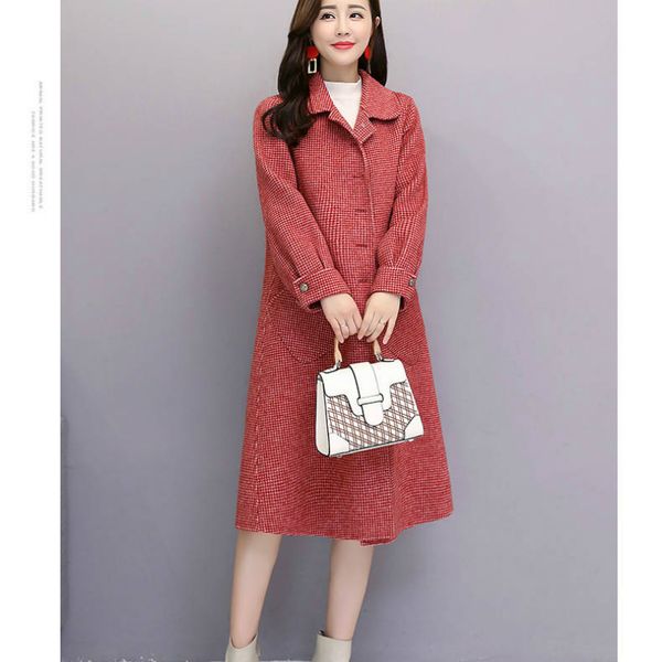 

women autumn long woolen coat female plaid overcoat, Black