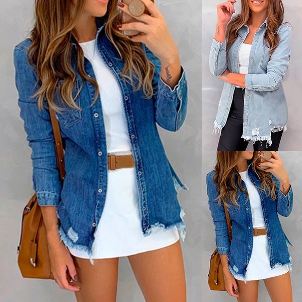

women button down denim shirts vintage autumn long sleeve turn down collar jean jacket slim feminime jaqueta ripped coat outwear, Black;brown