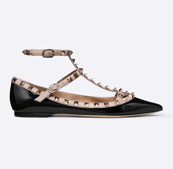 

designer toe with studs flat shoes genuine leather rivets sandals women studded strappy dress shoes flat heel shoes, Black