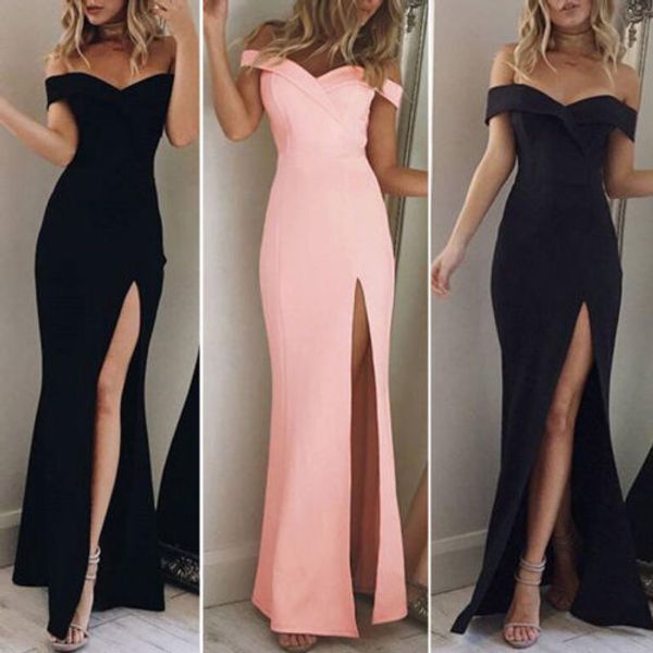 

women clothes women dresses womens shoulder dresses casual long maxi evening party long dress solid pink black summer costume, Black;gray