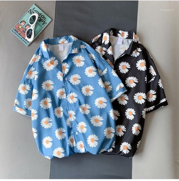 

mens daisy short sleeve shirt lapel neck loose casual summer shirt male fashion designer clothing, White;black