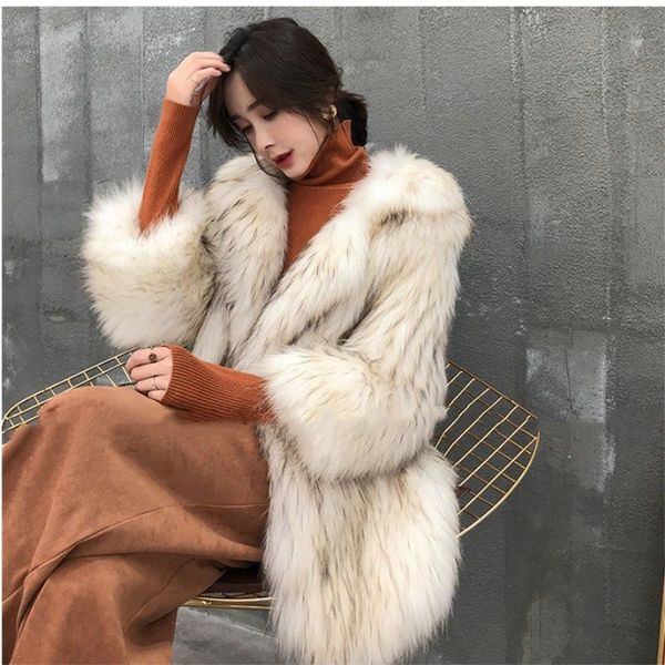 

faux fur coat autumn winter women 2019 fashion casual warm slim faux raccoon dog fur coat winter jacket women casaco feminino, Black