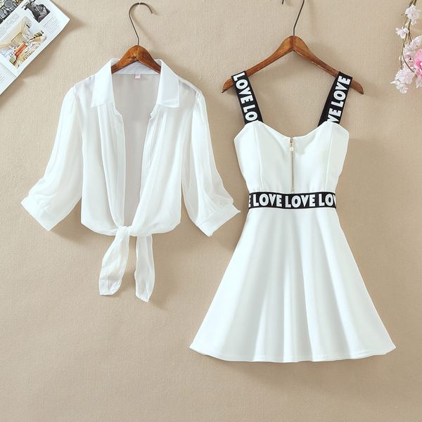 

fashion women lantern sleeve turn down chiffon shirt + mini short a line letter spaghetti strap dress new two pieces sets, White
