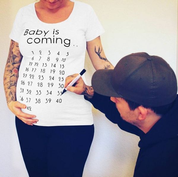 

funny pregnancy t shirt baby is coming tees short sleeve maternity pregnant women clothes letters slim all-matched clothing dhl, White