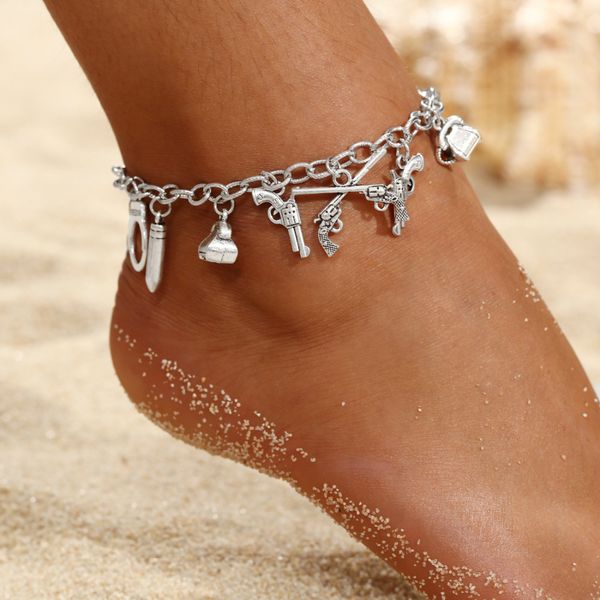 

2019 women anklets simple silver skull gun pendant barefoot crochet sandals foot jewelry summer foot legs bracelet anklets, Red;blue