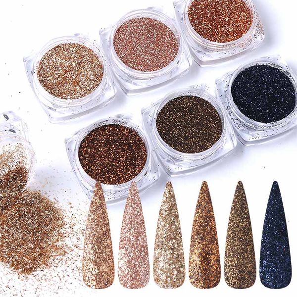 

6pcs/set gradient shiny nail glitter set powder laser sparkly manicure nail art chrome pigment diy nail art decoration kit, Silver;gold