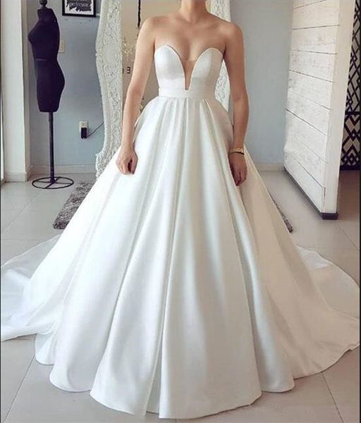 

Simple long weep atin a line wedding dre e bridal gown 2019 weetheart zipper back wedding party dre
