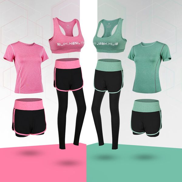 

4pcs women girls teenage sports suits t-shirt+bra+shorts+leggings spring summer yoga running jogging fitness clothes sets, White;black