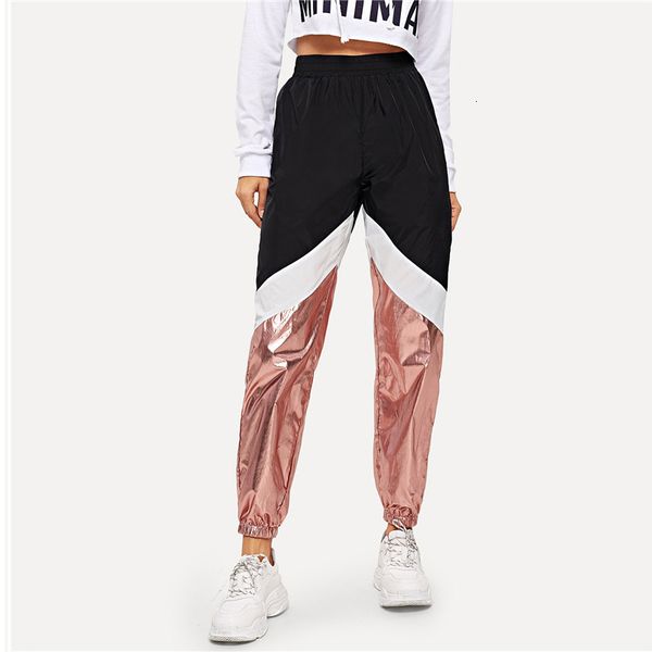 

женщины брюки женские брюки multicolor color block contrast metallic 100% нейлон брюки 2019 женщин lady элегантные морковные брюки перевозка, Black;white